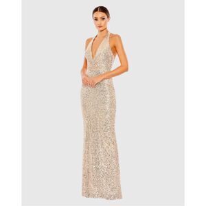 NWT Ieena for Mac Duggal Sequined Halter Plunge Maxi Prom Gown Rose Gold Sz 24 $